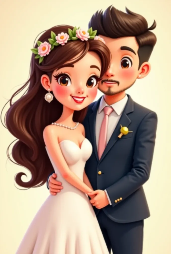 A cartoon picture of a very beautiful girl with long brown hair and hazel eyes wearing a wedding and her side is a groom with Chinese features, fat, a light beard and a light mustache holding her by her waist 