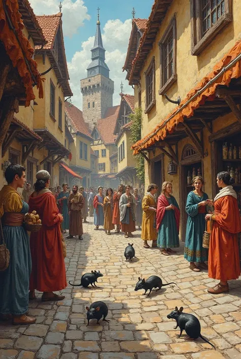 "A highly detailed medieval historical painting of a bustling medieval market, where a few black rats scurry around unnoticed by the townspeople. The rats are clearly visible, their tiny bodies blending into the cobblestone streets. Some people are shoppin...