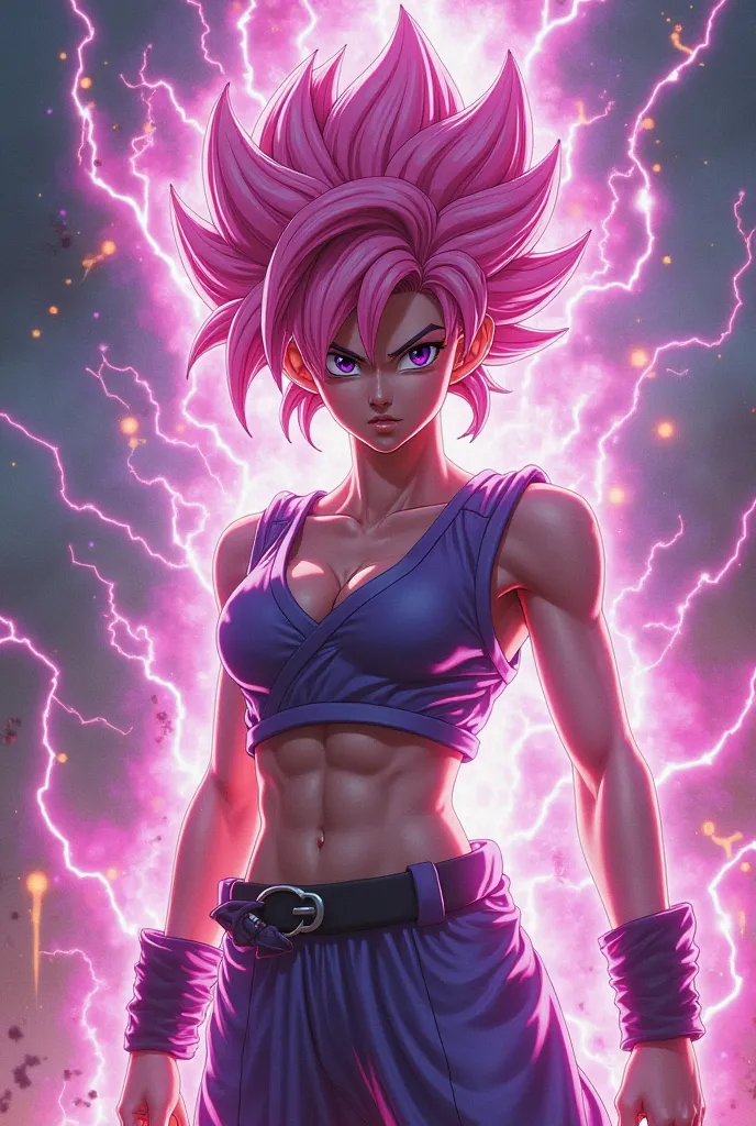 fais moi l'image de goku en version féminine avec des cheveux rose et violets entouré de flammes de couleurs roses en tant qu'aura, des éclairs de puissance violets en tenue de guerrière