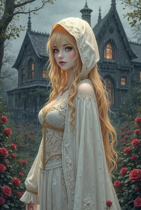 draw a beautiful girl in white and gold, and a translucent cape on her head,  sweatshirt with golden hair,  with white skin , outfits standing in a garden full of black roses and next to it is a black Gothic-style mansion, , the weather is gray and it rain...