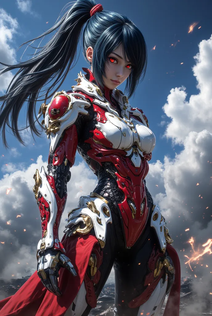 Houki Shinonono – Akatsubaki, The Scarlet Blade
4K anime style quality, digital drawing mode, a fierce young warrior with long dark blue hair tied in a ponytail and piercing crimson eyes, wearing in the advanced Akatsubaki IS battle armor, a sleek red and ...