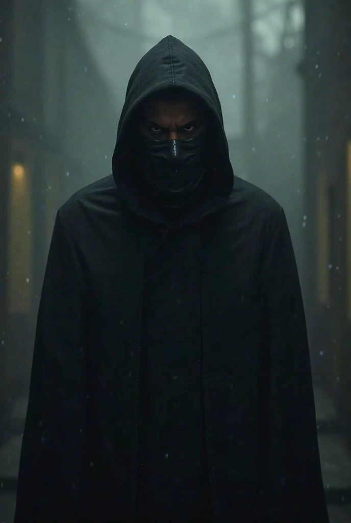 The descending gaze of a man in a black mask