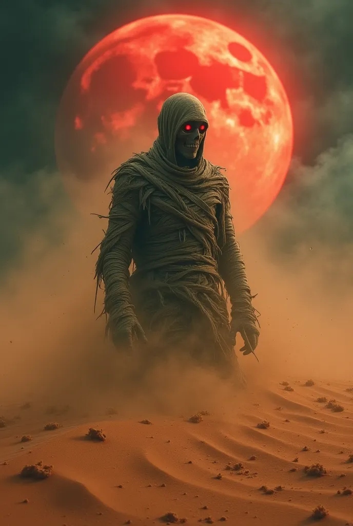 Create a terrifying, realistic image in a Tim Burton-inspired style set in a vast, desolate desert. The scene should feature a raging sandstorm with swirling, gritty sand dominating the environment. Emerging from the heart of this sandstorm, a decaying mum...