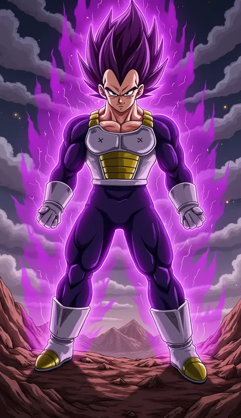 "A powerful Saiyan warrior stands in a dominant and imposing stance on a devastated, rocky battlefield under a dark, stormy sky filled with swirling clouds and crackling lightning. His muscular physique is accentuated by battle-worn Saiyan armor, with a to...