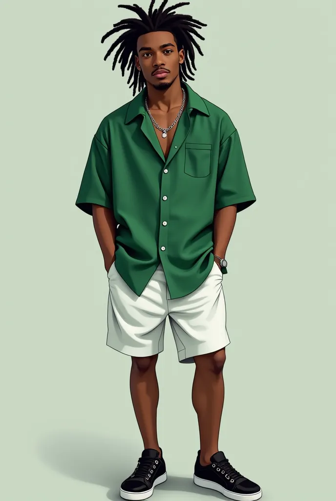 A young black male character wearing a green shirt with white shorts black dread hair deep white with black shoes and a silver necklace 