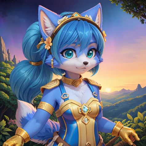 A portrait of  ((cristal)), Star Fox-Krystal , lovable,  green eyes , (((  long blue hair 1  .3))), neckline, anthropo, fuzzy,  detailed  fluffy s fell,  detailed face , ( fluffy ), Alone,  ponytail, (((  adventure costume  ))), explorer equipment, Researc...