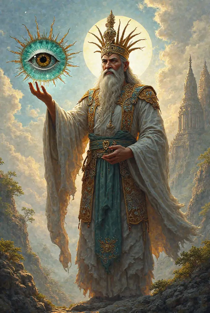 Design a picture of Father Ramkhamhaeng holding a scale-like eye similar to America's Goddess of Liberty

