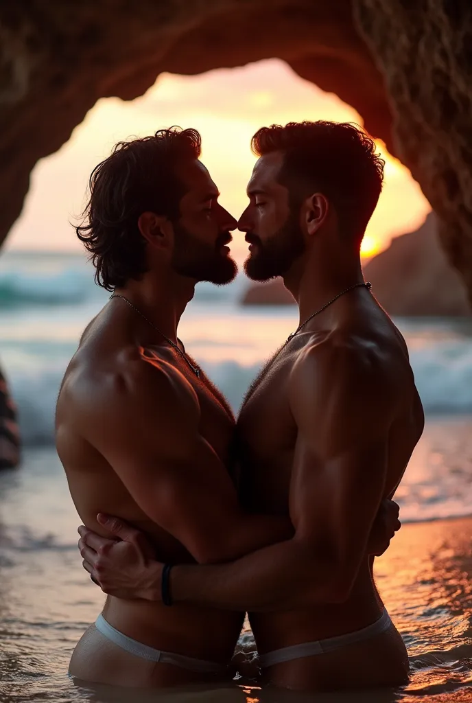 Two handsome men with beards, The two men look at each other with a lot of lust with their eyes closed , her sensually shaped body , inside a cave on the beach with the waves of the sea with orange and red light are visible,  with two tall men , two romant...