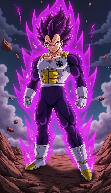 "A powerful Saiyan warrior stands in a dominant and imposing stance on a devastated, rocky battlefield under a dark, stormy sky filled with swirling clouds and crackling lightning. His muscular physique is accentuated by battle-worn Saiyan armor, with a to...
