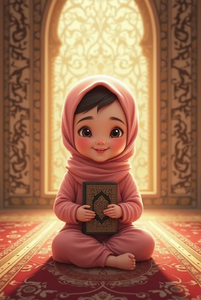 
1. "A cute baby girl wearing a soft pink hijab, sitting on a prayer mat with a joyful smile, holding a small Quran. The background has warm, golden lighting with Arabic calligraphy on the wall."

