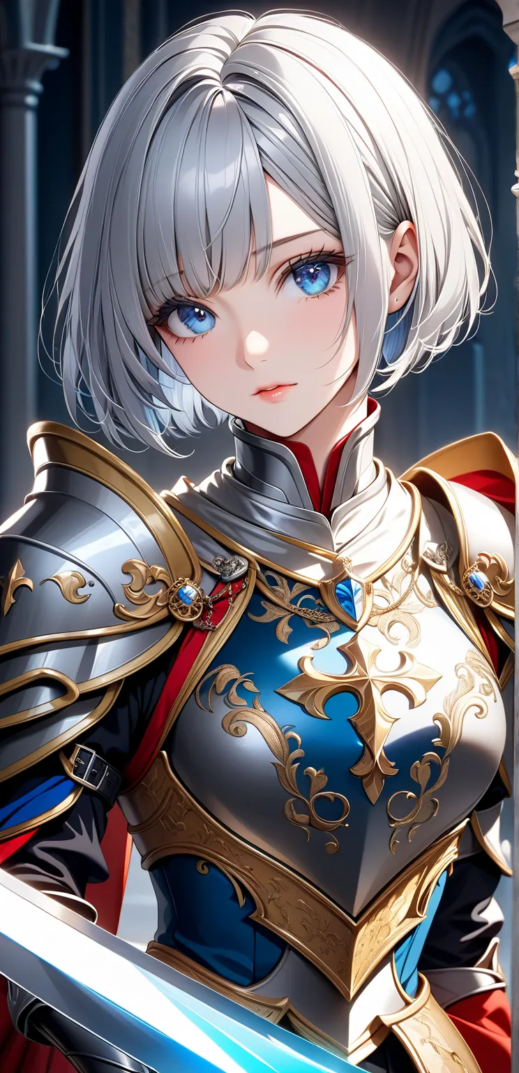  Ultra high resolution, rich colors, perfect image, top quality, detailed image, beautiful woman, glowing skin, skin and clothing texture, delicate eyes, royal costume, knight armor, large sword, handsome man, (((short silver bob hair))), blue eyes