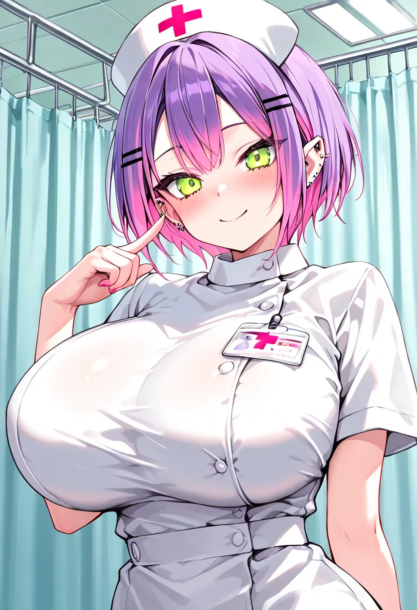 (Top Quality , 8k , masterpiece , incredibly absurdres , perfect body , super detailed skin , highly detailed eyes and face , 1 woman ) , tokoyami towa , purple Hair , Green eyes , smile ,  will be happy , ( nurse cosplay , infirmary : 1.2 ) , ( huge breas...