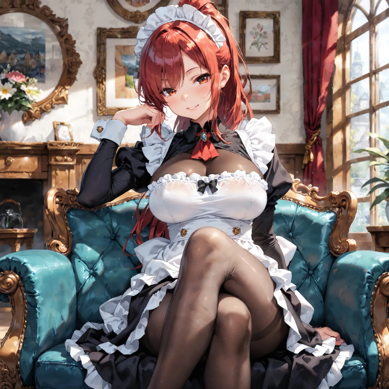 Red ponytail, beautiful woman, adult, medium large breasts, maid outfit, sit, cowboy shot,    pantyhose, crossed legs,  , (masterpiece, best quality, amazing quality, detailed background, intricate ,absurdres, very aesthetic:1.2), seductive smile, see thro...