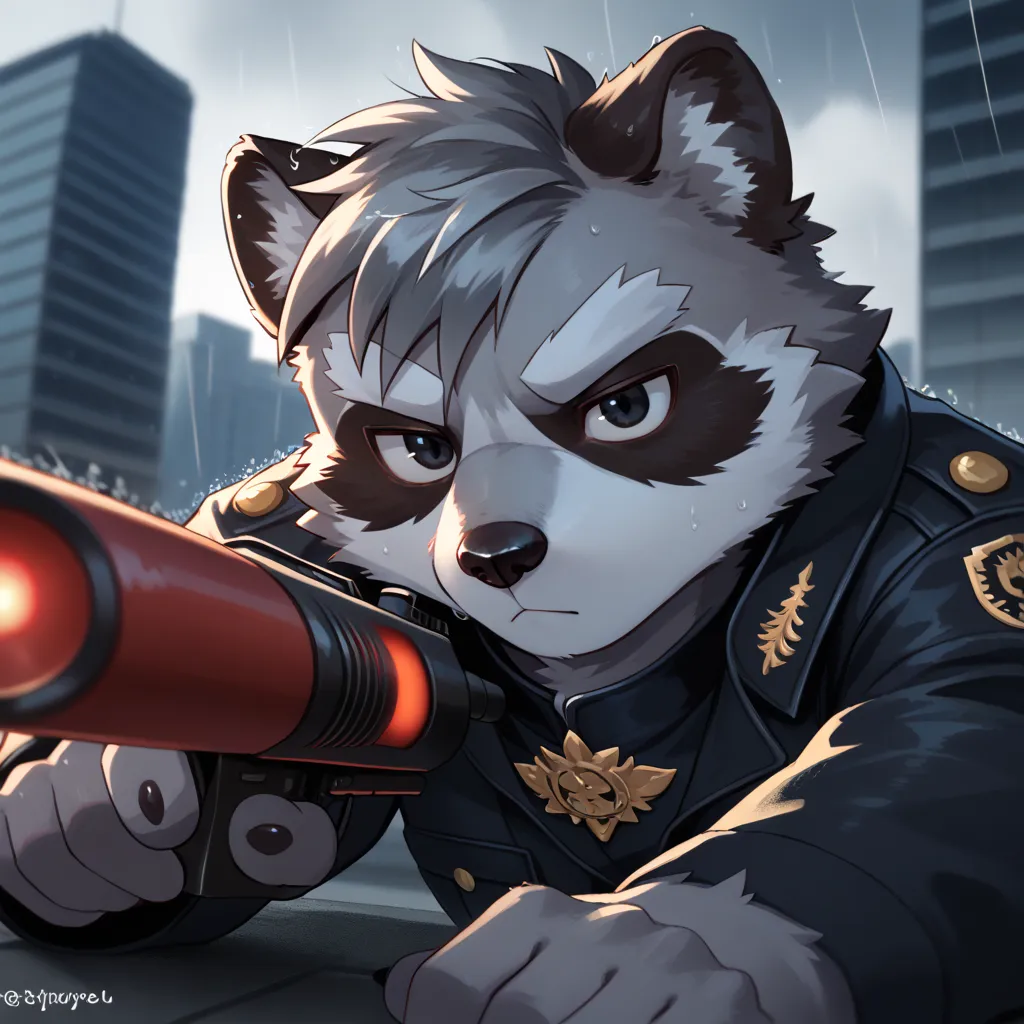 expressionless, a black military uniform, Character is holding an objective sniper rifle, (Character is aiming:1.3), Red laser point, close up, dark atmosphere, (droopy eyes:0.7), black eyes, on the roof of a modern city building, Character is lying on his...