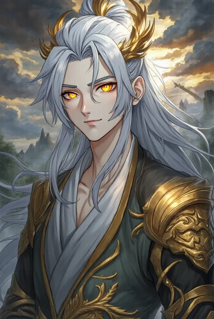 full body image, handsome protagonist xianxia, long silver hair, golden amber eyes like dragon,accessories like mini claw on hair, handsome face (mature on range 20-25 yo), golden arm, detailed character portrait, fantasy style, dramatic chiaroscuro lighti...