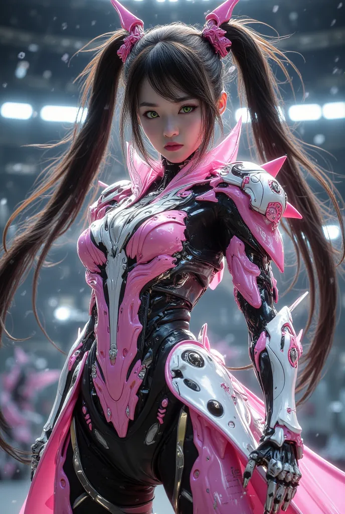 Lingyin Huang – Shenlong, The Fiery Martial Artist
4K anime style quality, digital drawing mode, a fierce Chinese warrior with dark brown twin tails and green eyes, wearing her Shenlong IS battle armor, a striking pink and white exosuit, standing in a High...