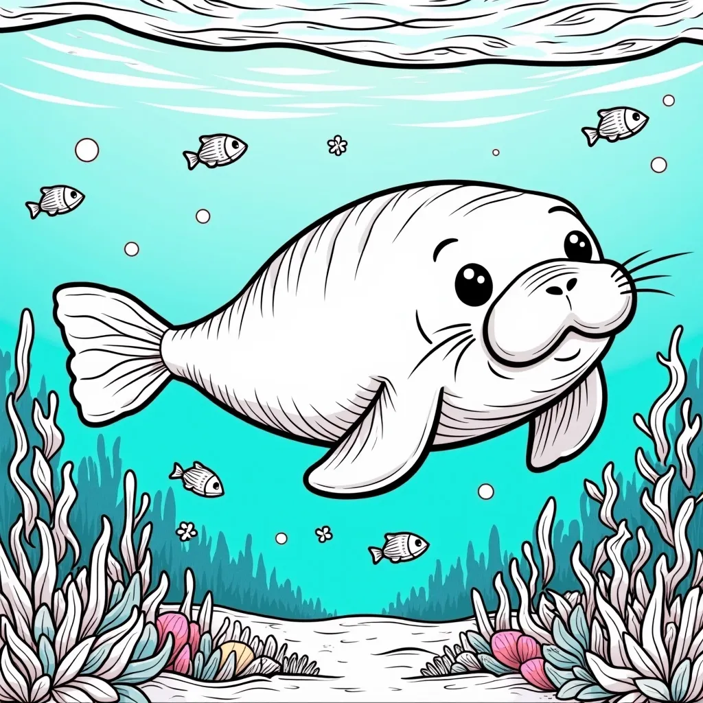 Cute baby manatee smiling in the sea coloring page, bold black outlines