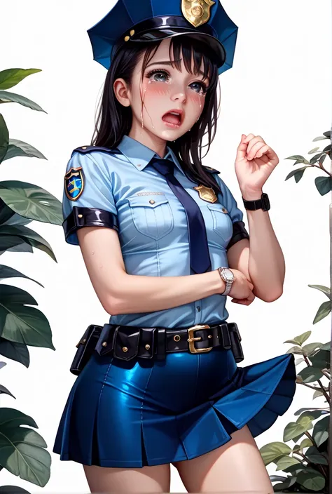 Beautiful Japanese Women from a Purple Perspective,( 1girl :1.5),(slender body:1.3),( empty white background:1.8),( small tits:1.0),(white collared tight short sleeve cowgirl shirt police shirt:1.2),(blue super mini police skirt:1.2),(black leather equippe...