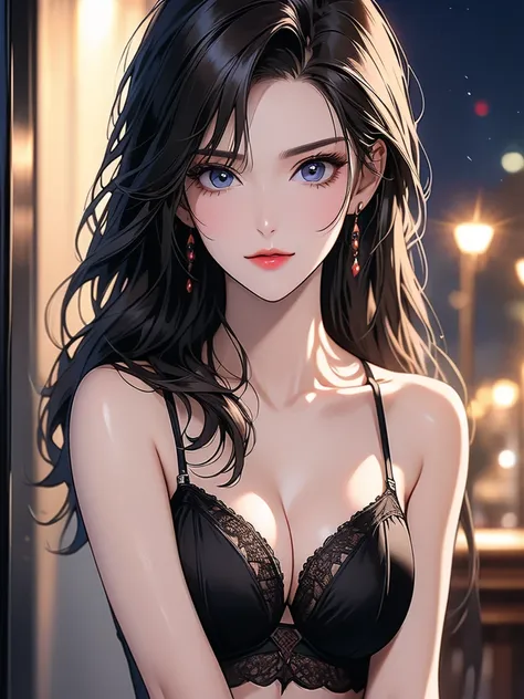 (masterpiece:1.2), (Top Quality:1.2), perfect eyes, perfect face, ( night ),, (  exposed chest  ), upper body, close, brown eyes, (medium chest), firm breasts, Exquisite Lingerie,  