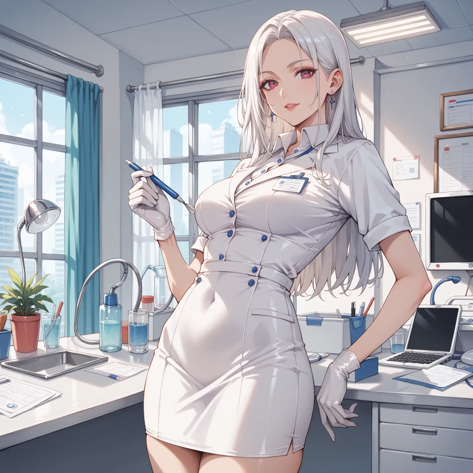 1 girl, frieren, sousou no frieren, looking at viewer, standing, one, dentist dress uniform, white latex gloves, dentist office 