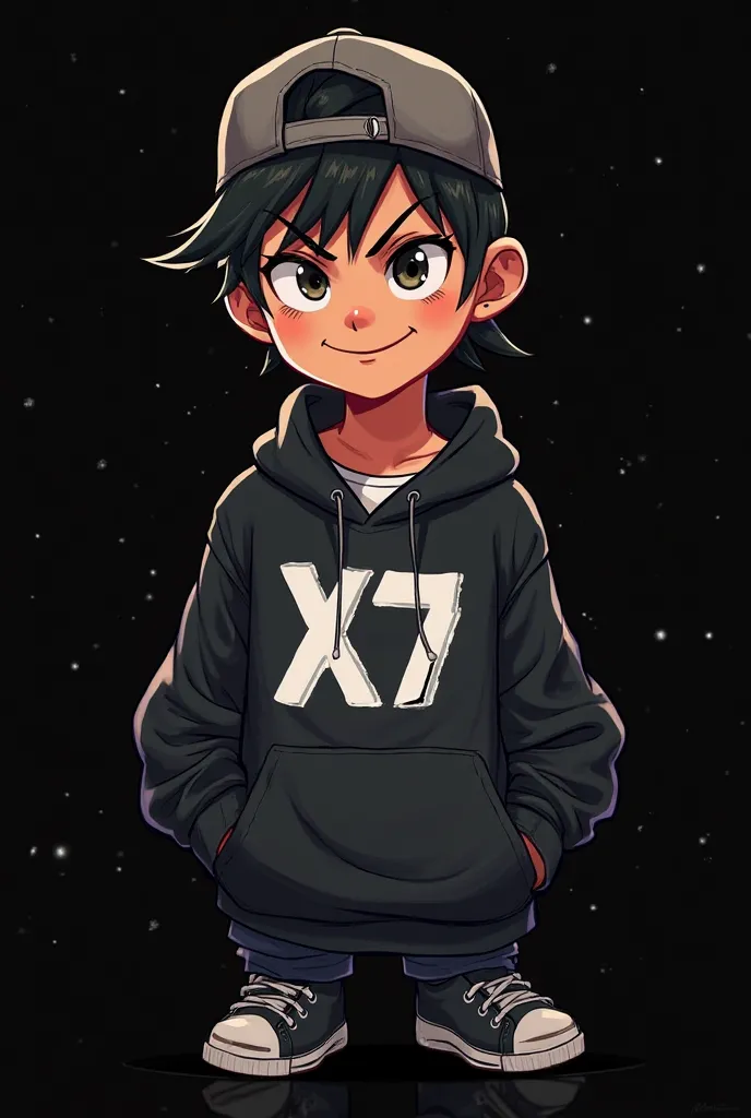 Mascot boy, with hat back with long sleeve blouse and black hoodie, with the letter x7 in the color white and the background of the black image