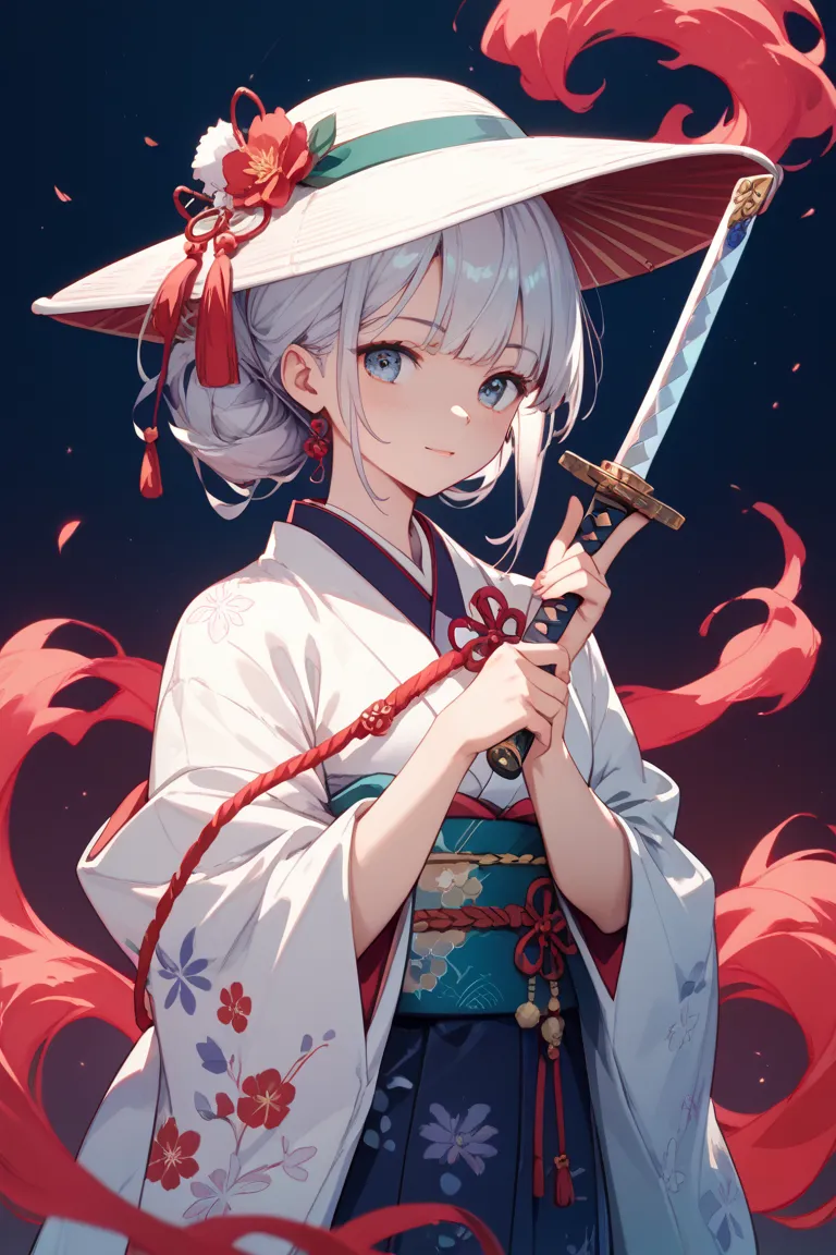 night、Hold a white Japanese sword in both hands、 two sword style、White jacket、Half Spirit behind、Wear a Japanese hat、Gives off a red aura、god々like、Kimono