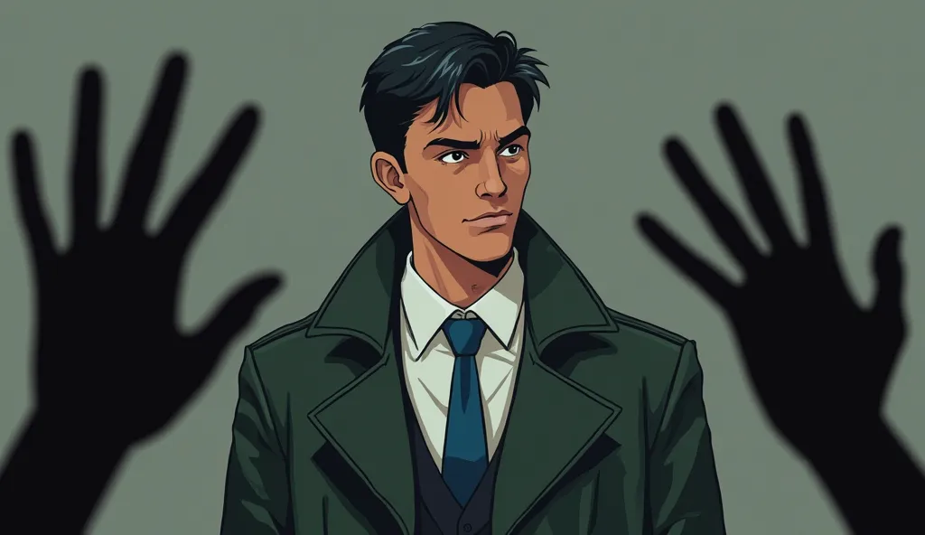  Image is a digital artwork featuring a man in a formal setting. The man, with a medium skin tone, has short dark hair and is wearing a dark green trench coat over a white shirt with a blue tie.  . Two black hand silhouettes are visible on either side of t...