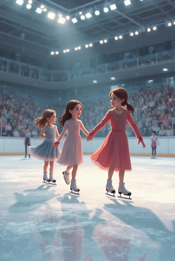 Girls and their moms skating on a skating rink but not in the snow but professional 