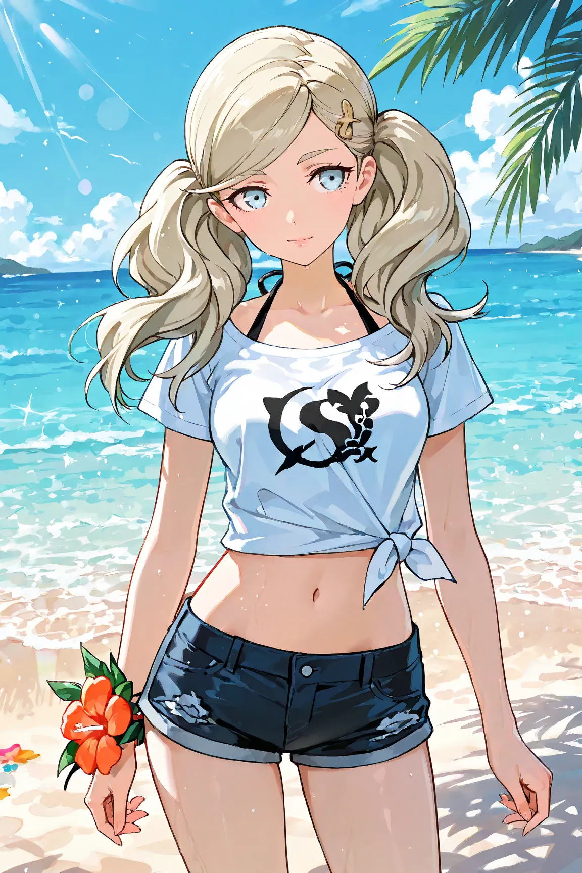 Ann Takamaki,midriff tied shirt, black demin short shorts,on a tropical beach 