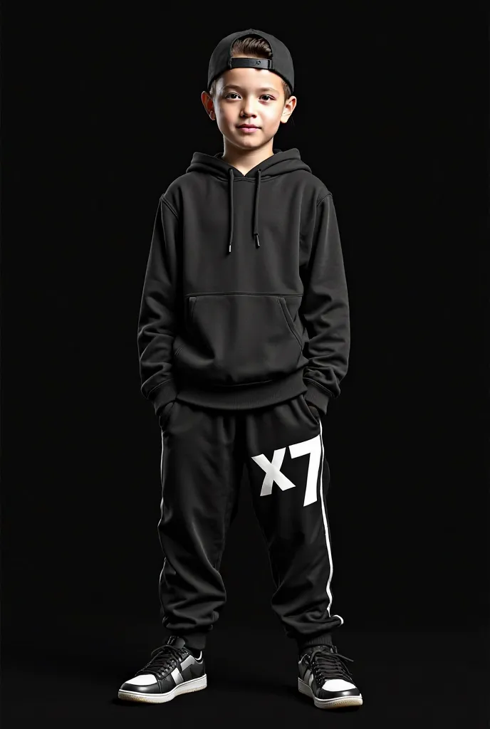 Mascot boy, with black hat on the back with long sleeve blouse and black hoodie and black sports pants with the letters x7 in the color white and the background of the black image