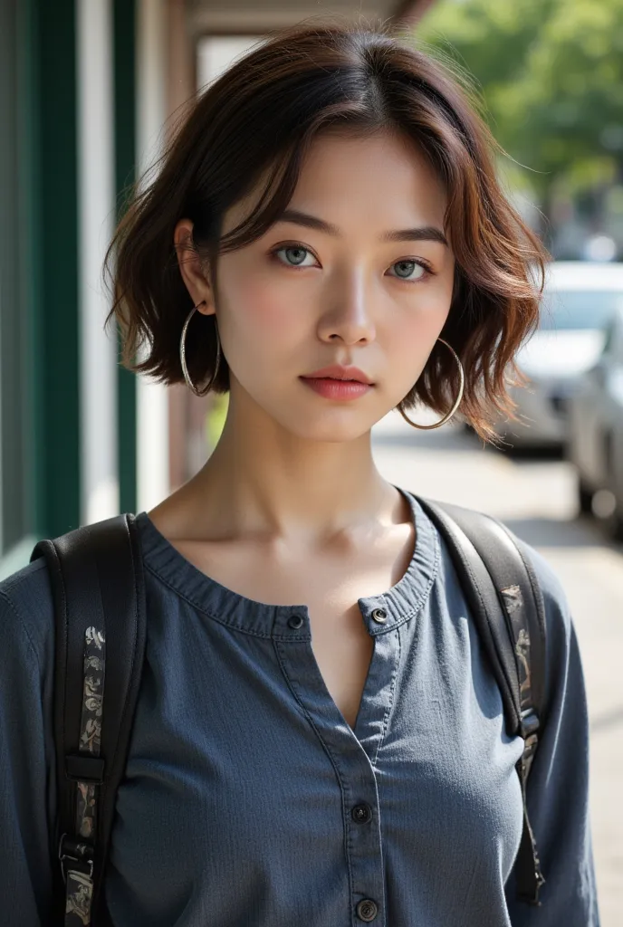 a mixed face european japanese short light brown hair girl with light blue smoky eyes around 20 years old, wearing silver large hoop earring , not wearing any shirt, wearing dark blue skirt, walking to school