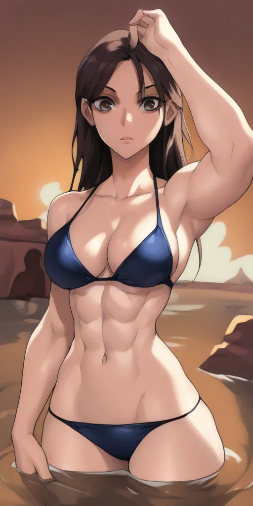 1girl, ripped, abs, navel, bikini, perfect face, perfect eyes, perfect lighting, looking at viewer, water, oasis, arm up (masterpiece, best quality, high quality, highres:1.2) detailed, extremely detailed