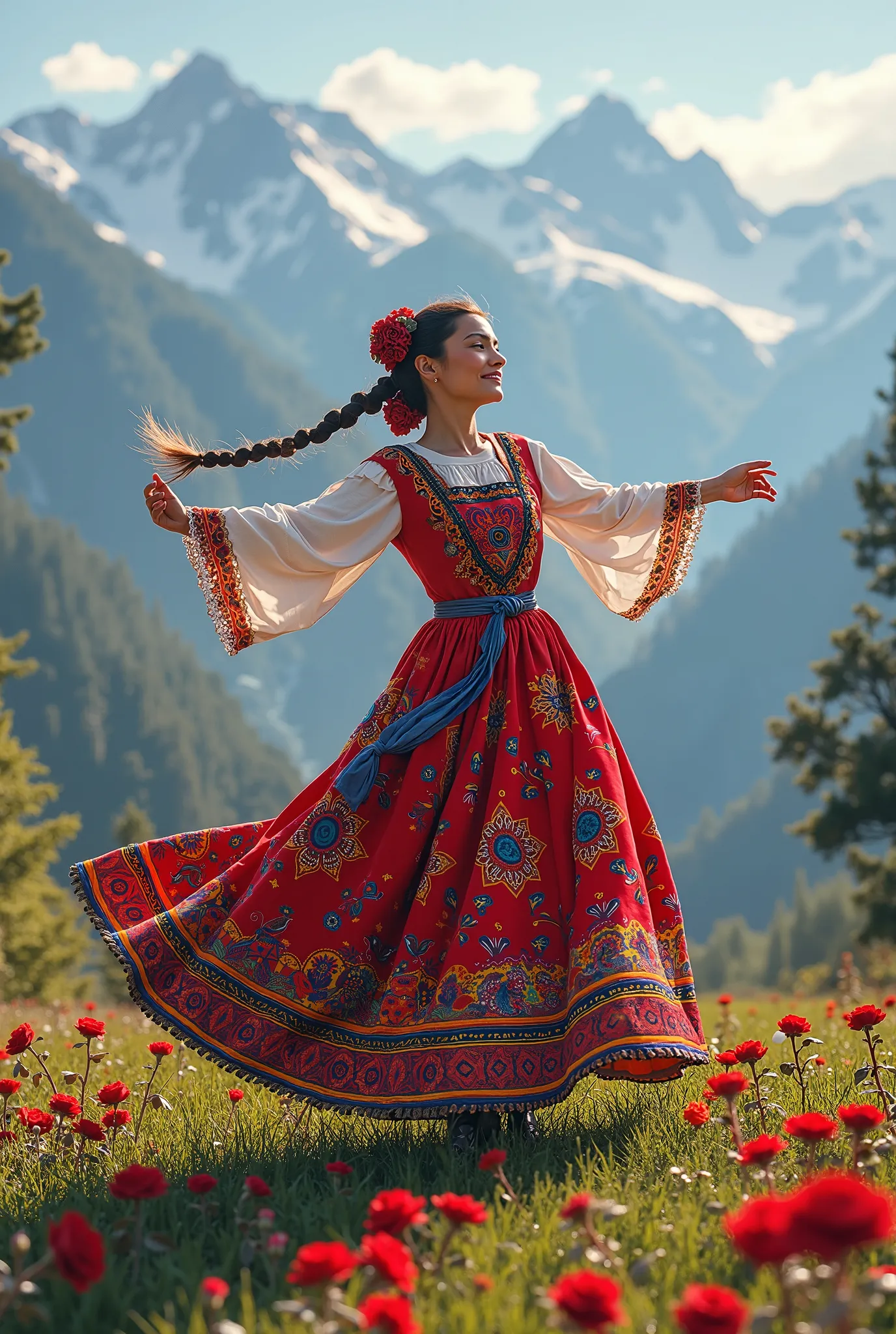 Azerbaijani woman in national Azerbaijani clothing performs Azerbaijani national dance, in the mountains, on a meadow, with red roses on the ground, mountains in the background.