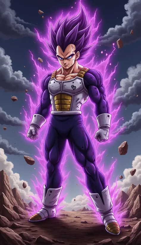 "A powerful Saiyan warrior stands in a dominant and imposing stance on a devastated, rocky battlefield under a dark, stormy sky filled with swirling clouds and crackling lightning. His muscular physique is accentuated by battle-worn Saiyan armor, with a to...