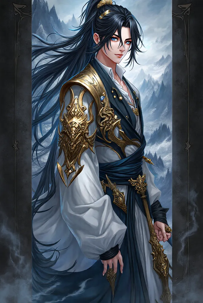 full body image, handsome protagonist xianxia, long black hair like obsidian stone,blue calm sea eyes colour,accessories like claw of demon on hair,held halberd of ancestor demon,handsome face (mature on range 20-25 yo), golden arm, detailed character port...