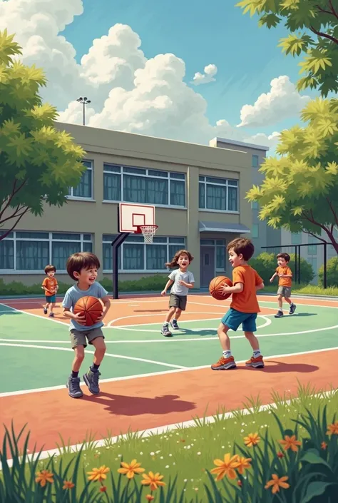 In a school there is a basketball court, boys and girls playing with their balls, having fun at recess, all happy and happy because they are in school., Around there are grasses, trees and other landscapes.