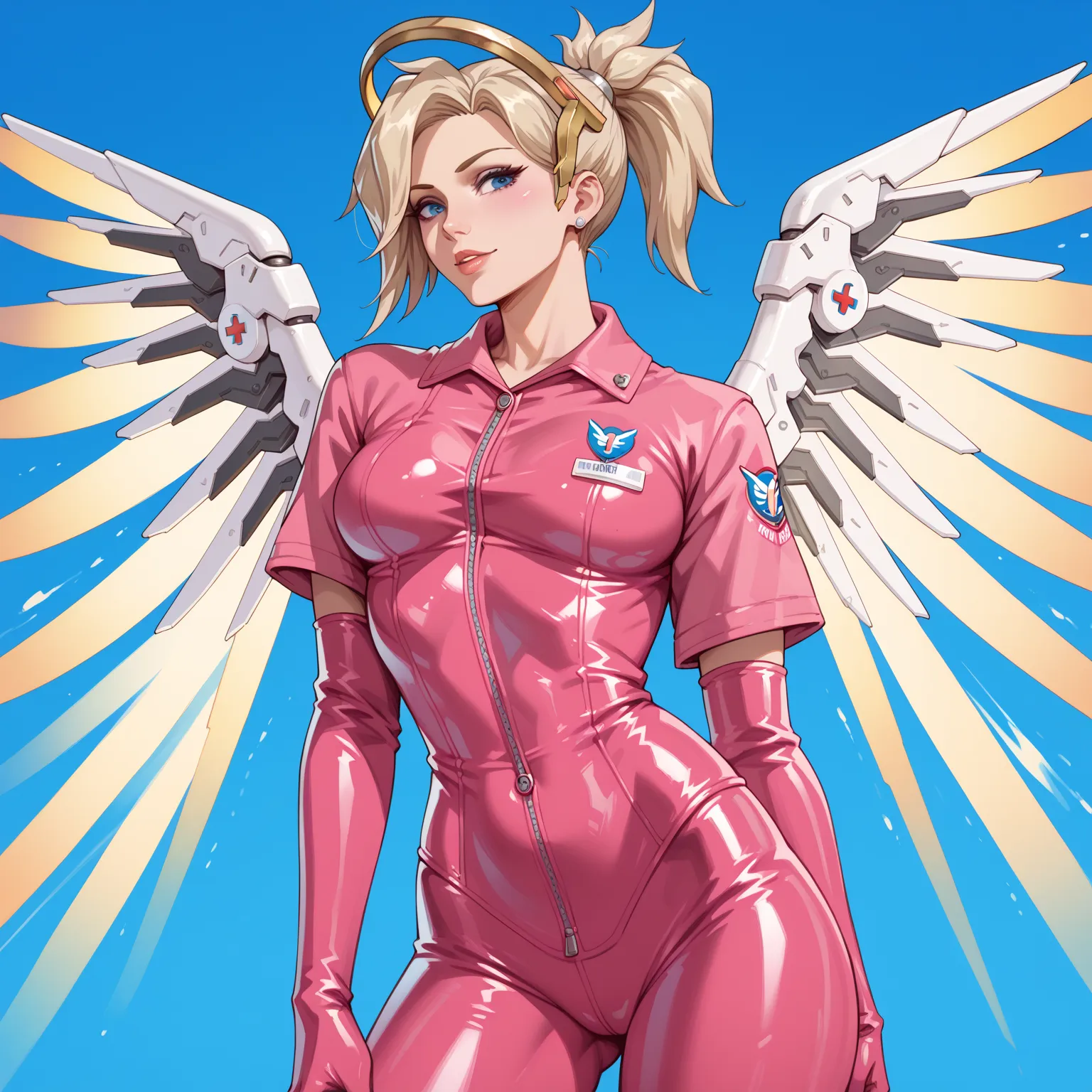 Horny, 1 girl, angela ziegler, mercy, overwatch, looking at viewer, standing, one, surgeon uniform, pink latex gloves