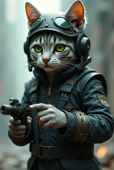 full-length cat view, human face, green eyes, grey wool, black spots , cat paws, pilot's fantastic dark suit completely covers the body, short hairstyle, helmet,  Holds  