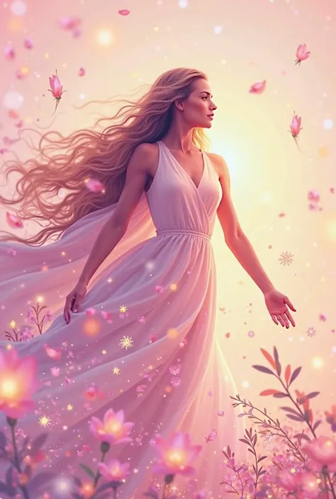  Prompt for Image :

"A pastel illustration for Women's Day commemorating female strength and empowerment. The image shows a powerful and radiant woman in a soft pink background, gold and purple, adorned with subtle details of flowers and radiant lights. T...