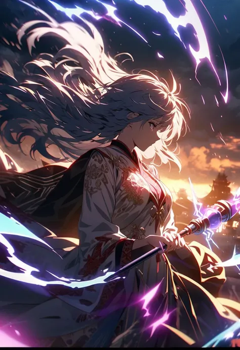 dynamic anime-style female mage, casting powerful lightning magic, electric sparks crackling around her, intense gaze, wind-blown hair, flowing robe with intricate embroidery, glowing magic staff, stormy sky background, dramatic lighting, high detail, cine...