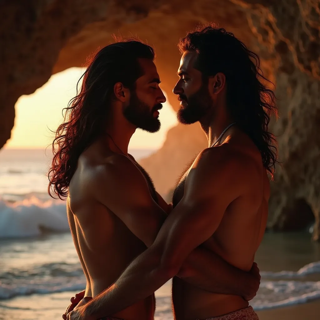 Two handsome men with beards, The two men look at each other with a lot of lust with their eyes closed , her sensually shaped body , inside a cave on the beach with the waves of the sea with orange and red light are visible,  with two tall men , two romant...