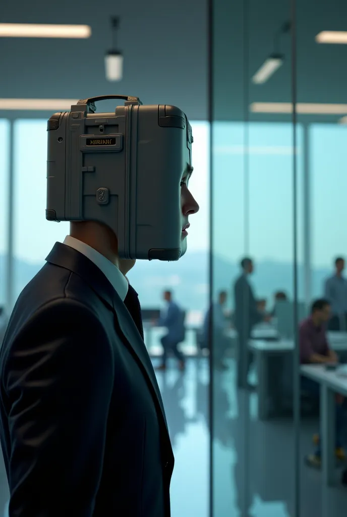 A suitcase-faced man looks at the glass wall in the office