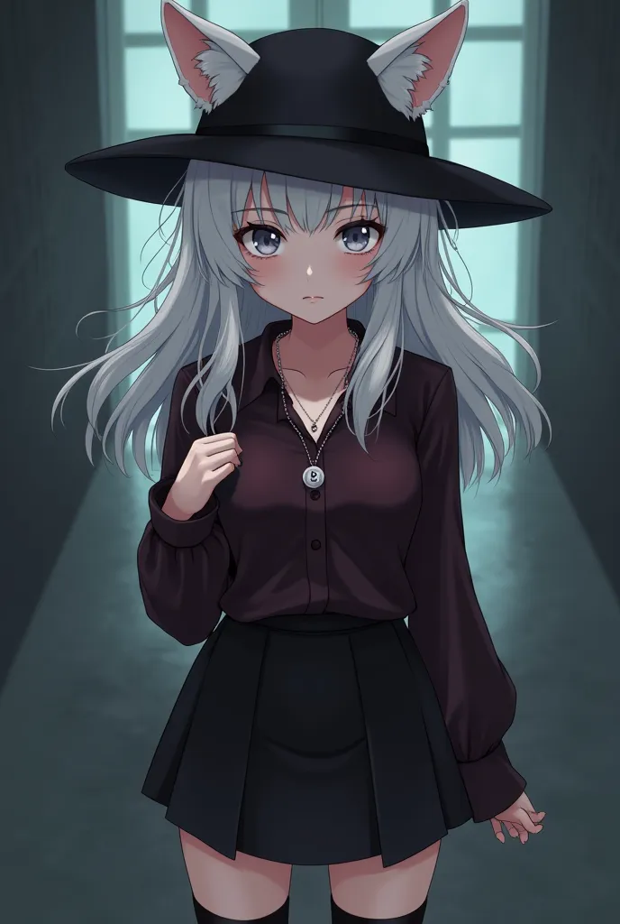 Serious anime girl ,Loose white hair, gray eyes,black mafia hat, orejas de gato blanco,blouse black or dark red, short black skirt ,black socks,black shoes,initial necklace B