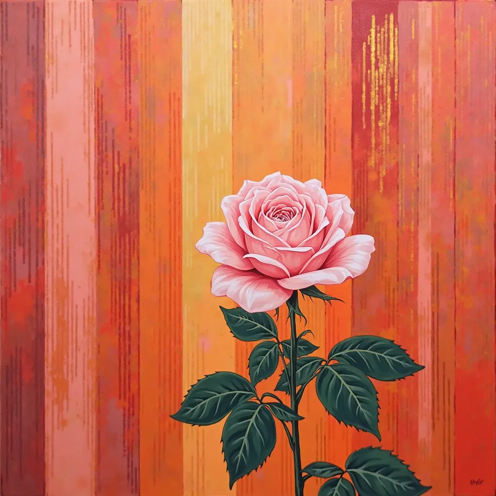 Oil painting style、Acrylic Paintings of Pink Rose Flowers、the entire rose flower is small but the petals are simple shapes、(there is only one rose petal in the middle)、(Rose flowers are realistic and delicate)、Rose leaves are also realistic drawing style、(...