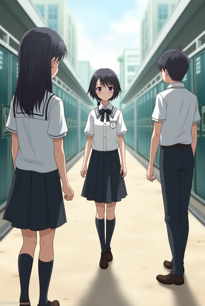 Picture of two students male and female walking closer to another male student. They're wearing white uniforms and black pants for boys and black skirt for the female student