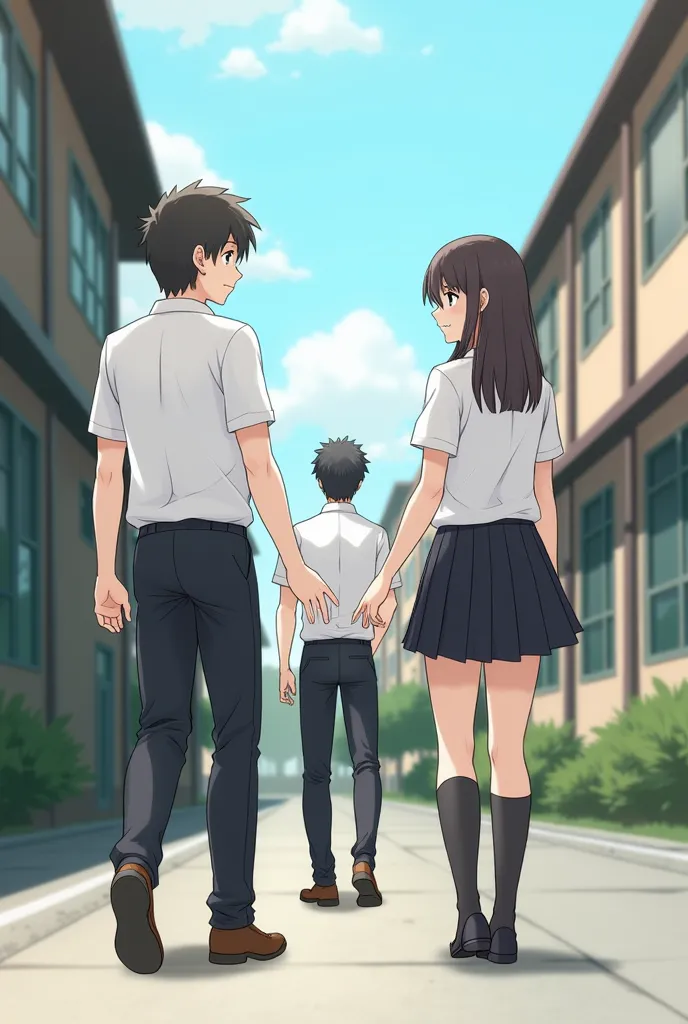 Picture of two students male and female walking closer to another male student. They're wearing white uniforms and black pants for boys and black skirt for the female student