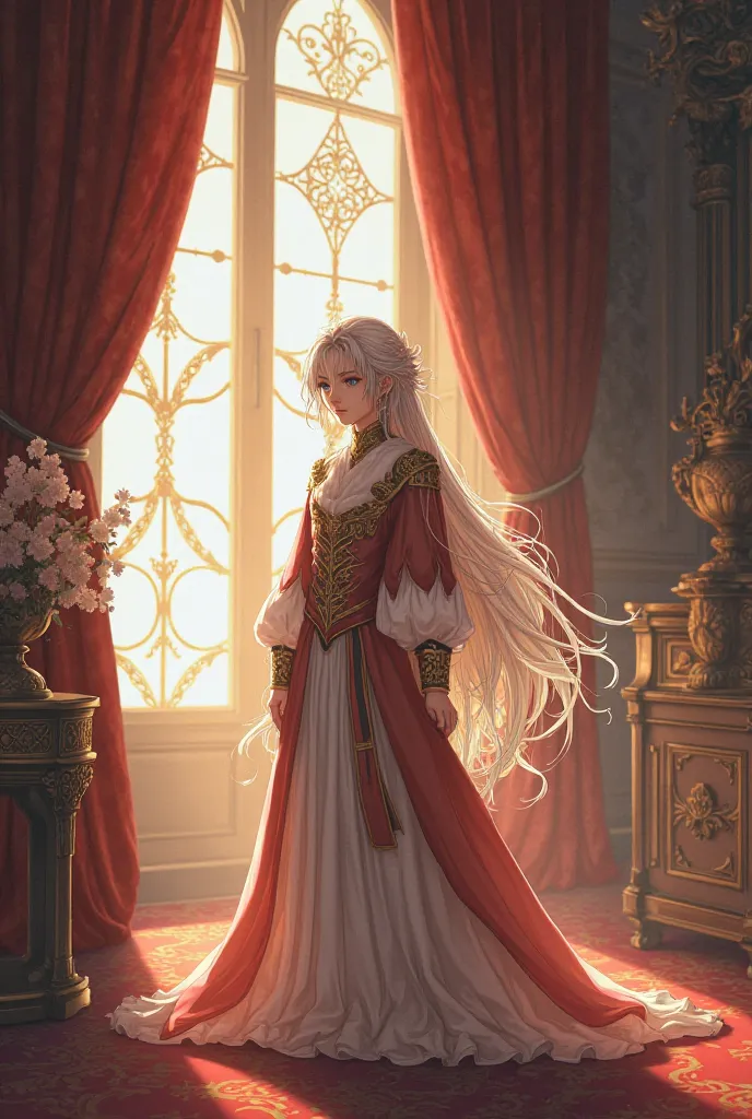 The young prince is standing in his room, long-haired, anime