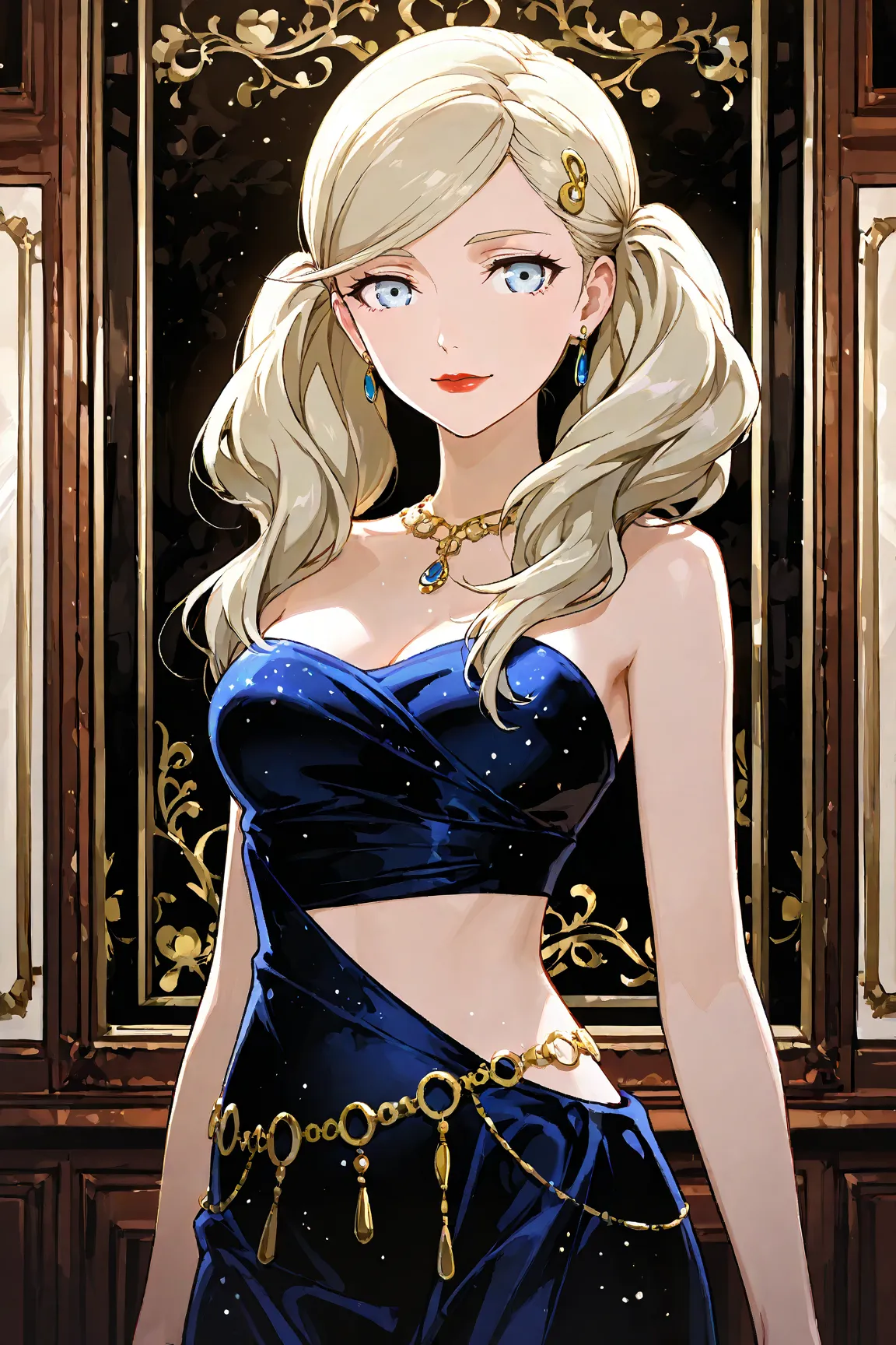 Ann Takamaki,long straight blonde hair, red lips,earrings, midriff strapless evening dress, belly chain,soft smile, in a luxuary ballroom 