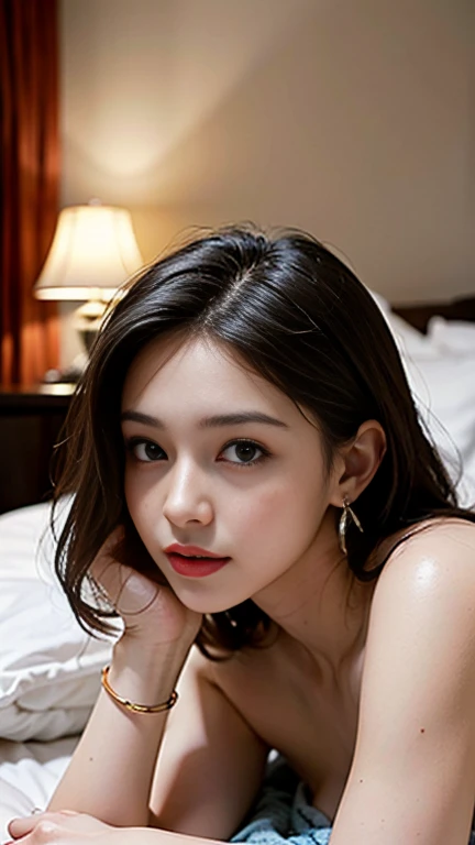 (masterpiece:1.3, photorealistic:1.5, 32K, Top Quality, masterpiece, super high resolution), lie on your back on the bed:1.0, perfect dynamic composition, Professional Camera Work,  movie lights, ( Midnight:1.0,  Hotel Background), Detailed skin and facial...