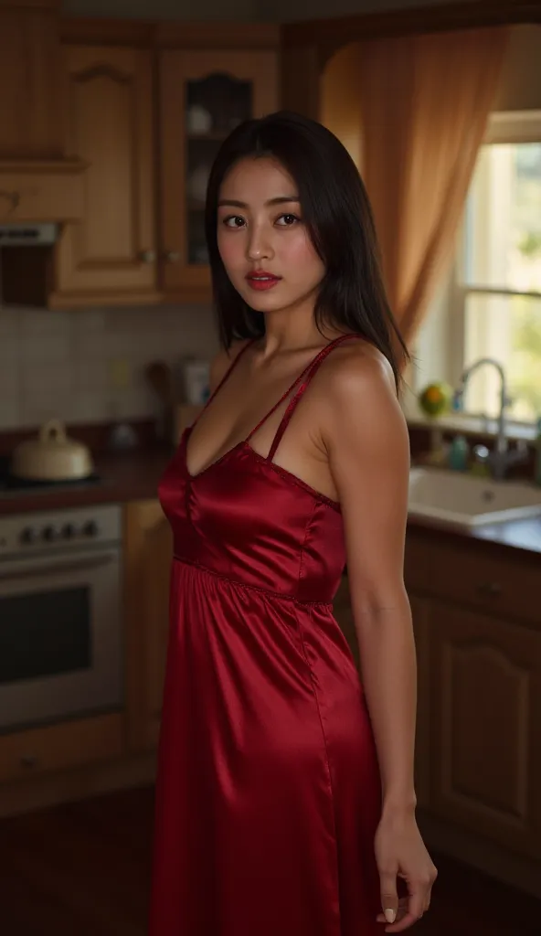 A beautiful woman, standing in the kitchen, use a long nightgown of silk material of red color, big boobs, red lips,  slim waist,